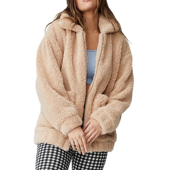 ELODIE Teddy Sherpa Coat Full Zip Jacket Oversized Collared Pockets Tan Size S - Picture 1 of 8